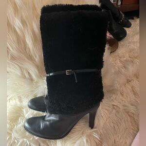 Elegant Ralph Lauren Black Fur-Trimmed Leather Women's Boots Size 8